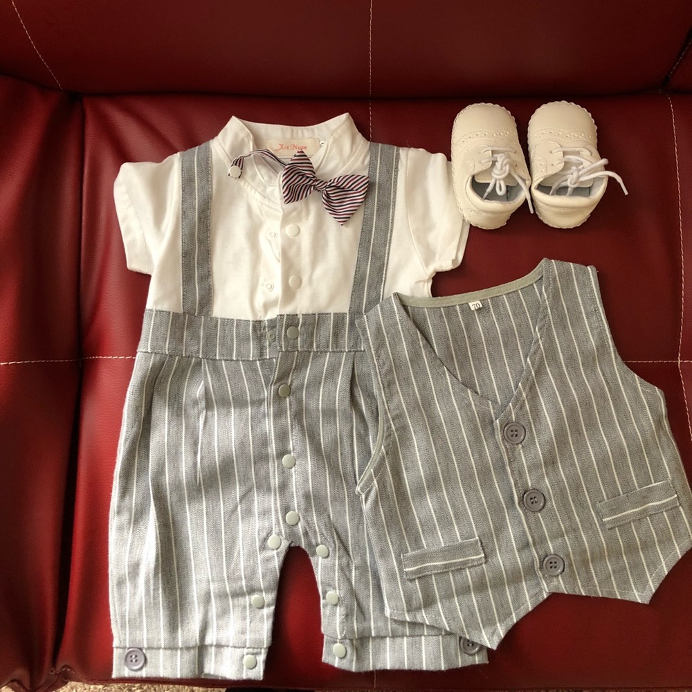 2pc Grey and white striped onesie w/vest for boy